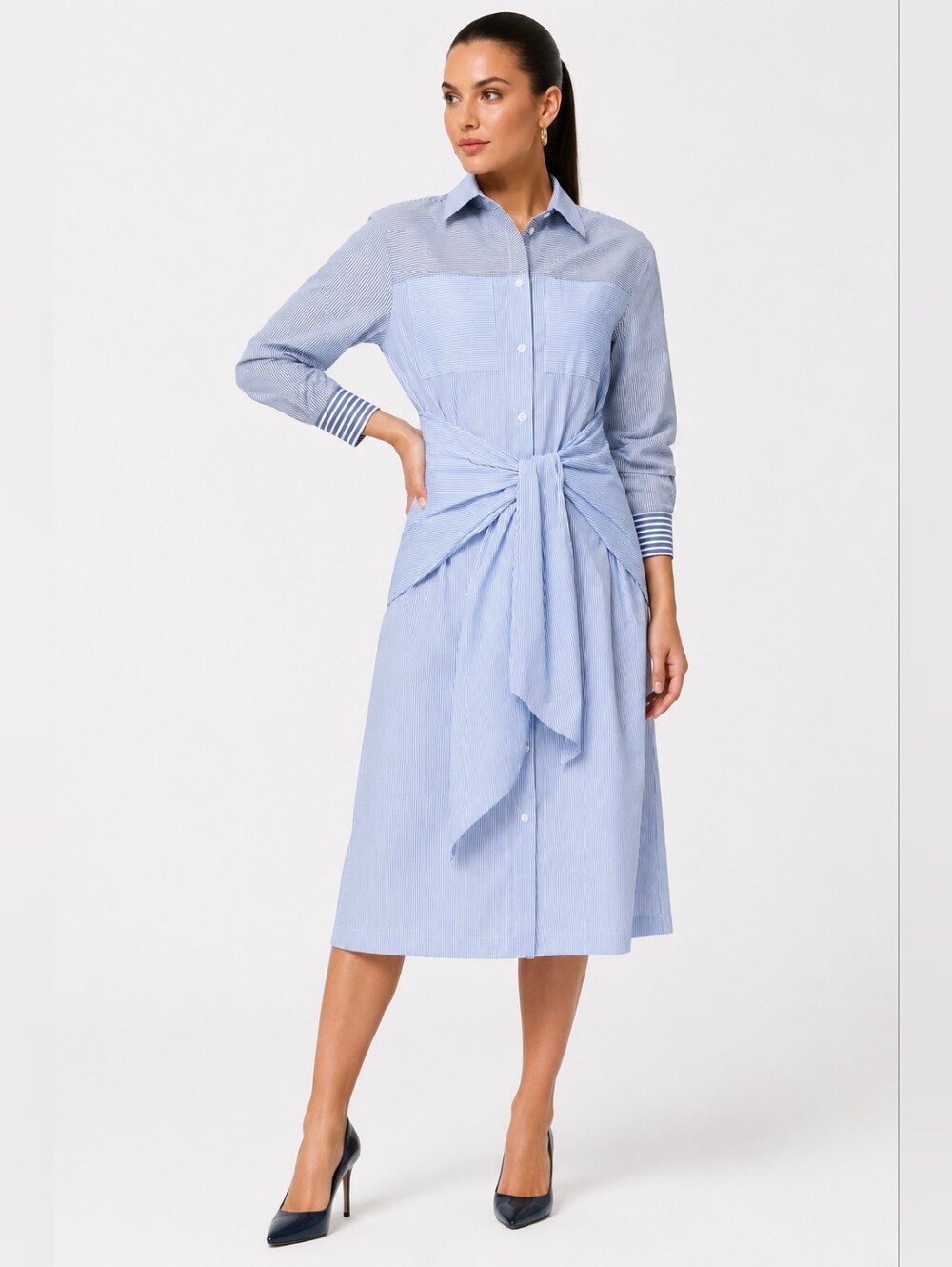 MAX&Co. Blue White Striped Poplin Tie Waist Long Sleeve Midi Shirt Dress Size 6